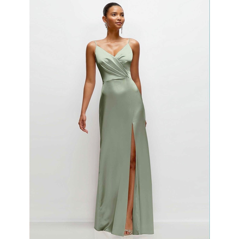 Sage Green Satin Maxi Dress High Slit Formal Small NWT